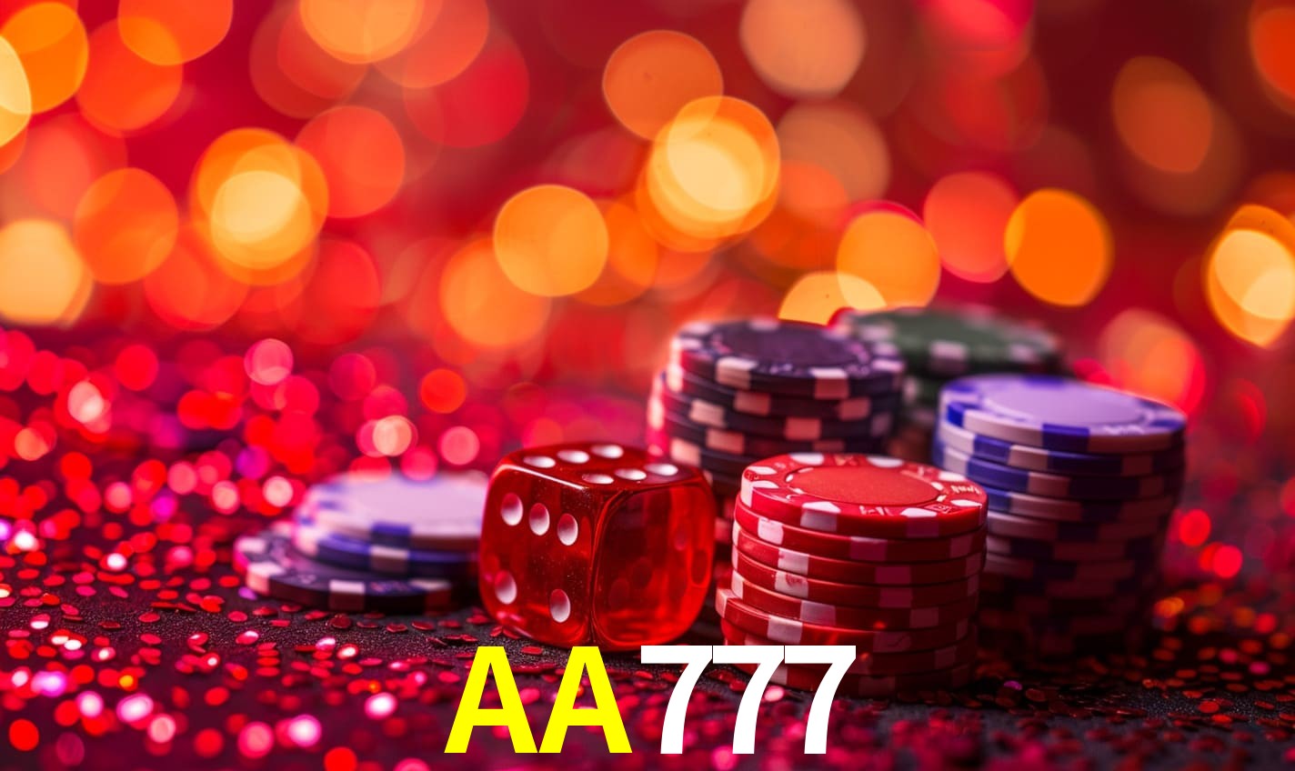 Una escena digital vívida inspirada en casino con AA777 mostrado prominentemente, luces brillantes, fichas, cartas y acentos dorados.