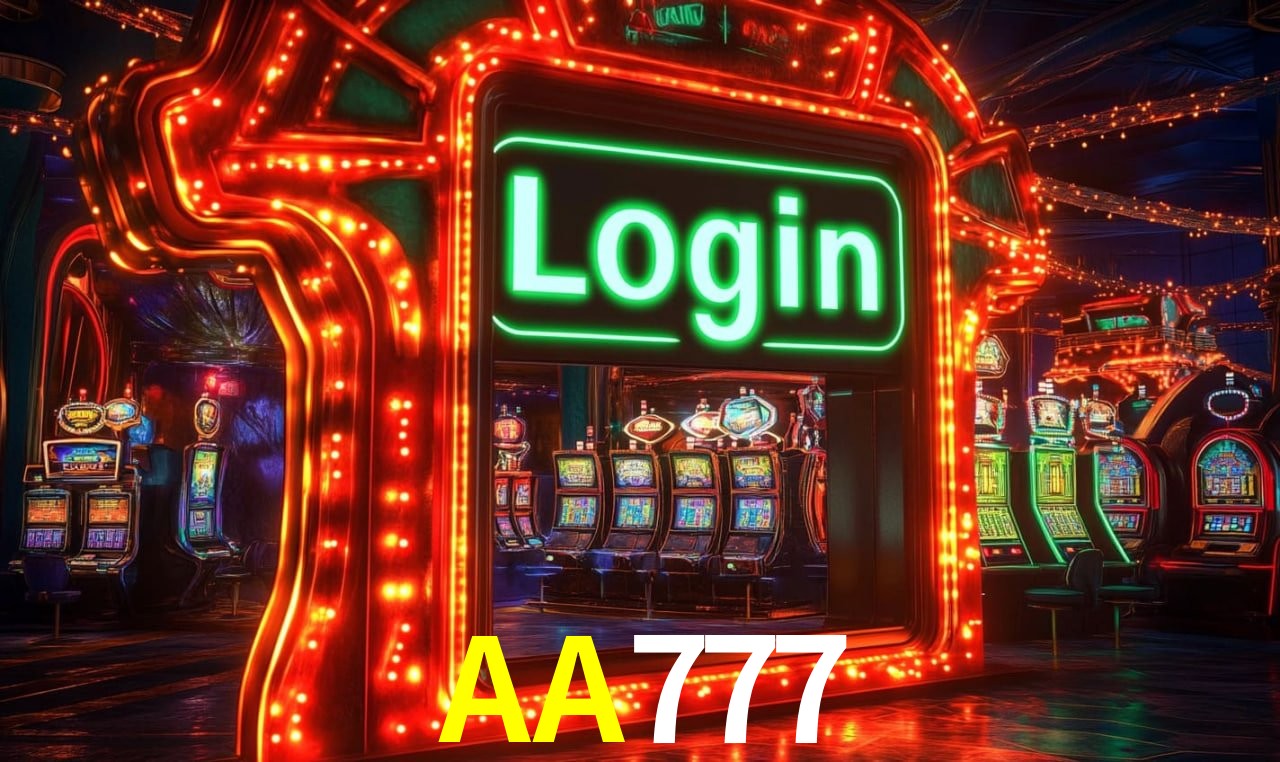 Escena dinámica inspirada en casino con iluminación AA777, cartas, fichas e íconos de juegos digitales en un espacio moderno de juegos.