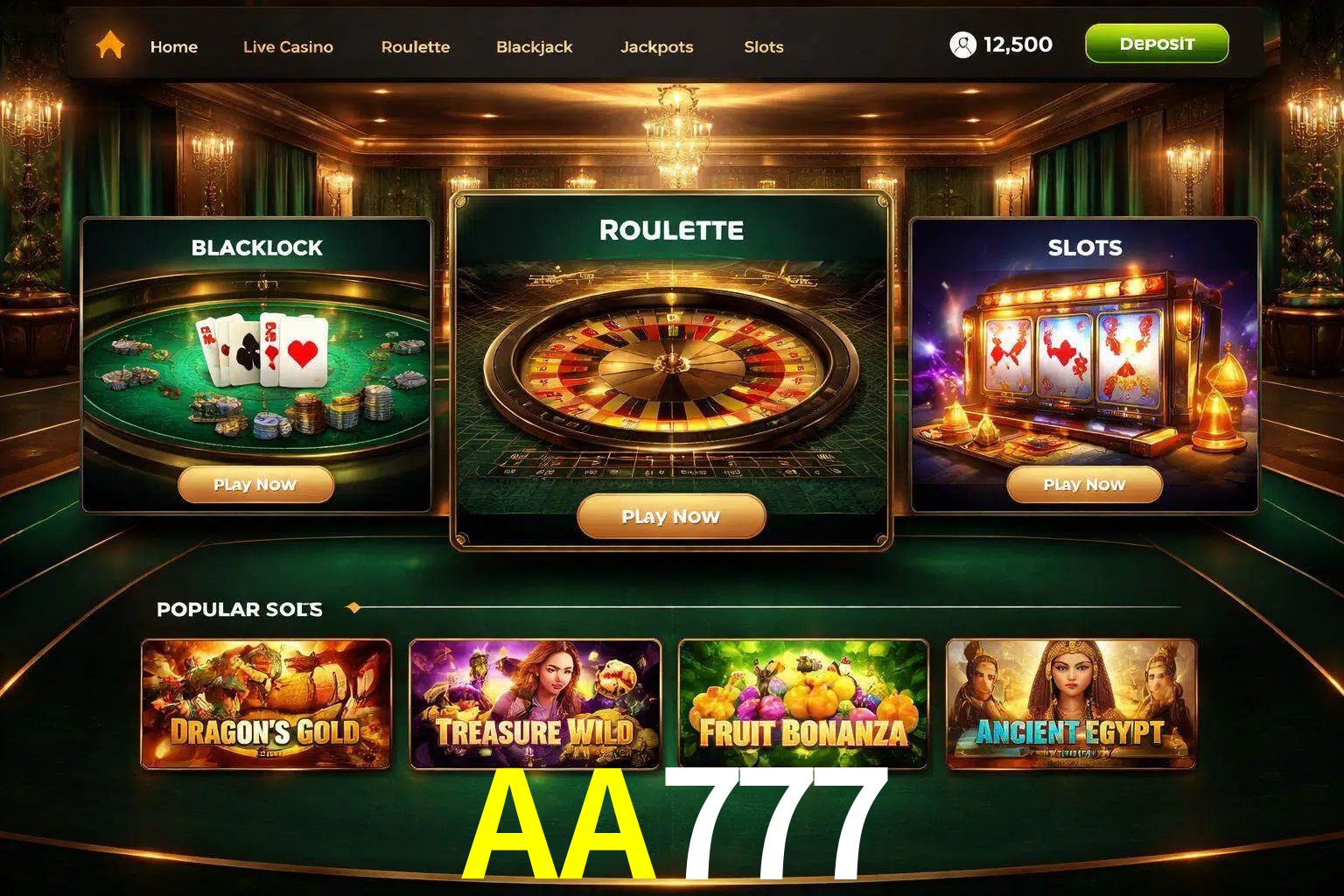 Vista de la plataforma AA777 Casino mostrando categorías organizadas de juegos en línea
